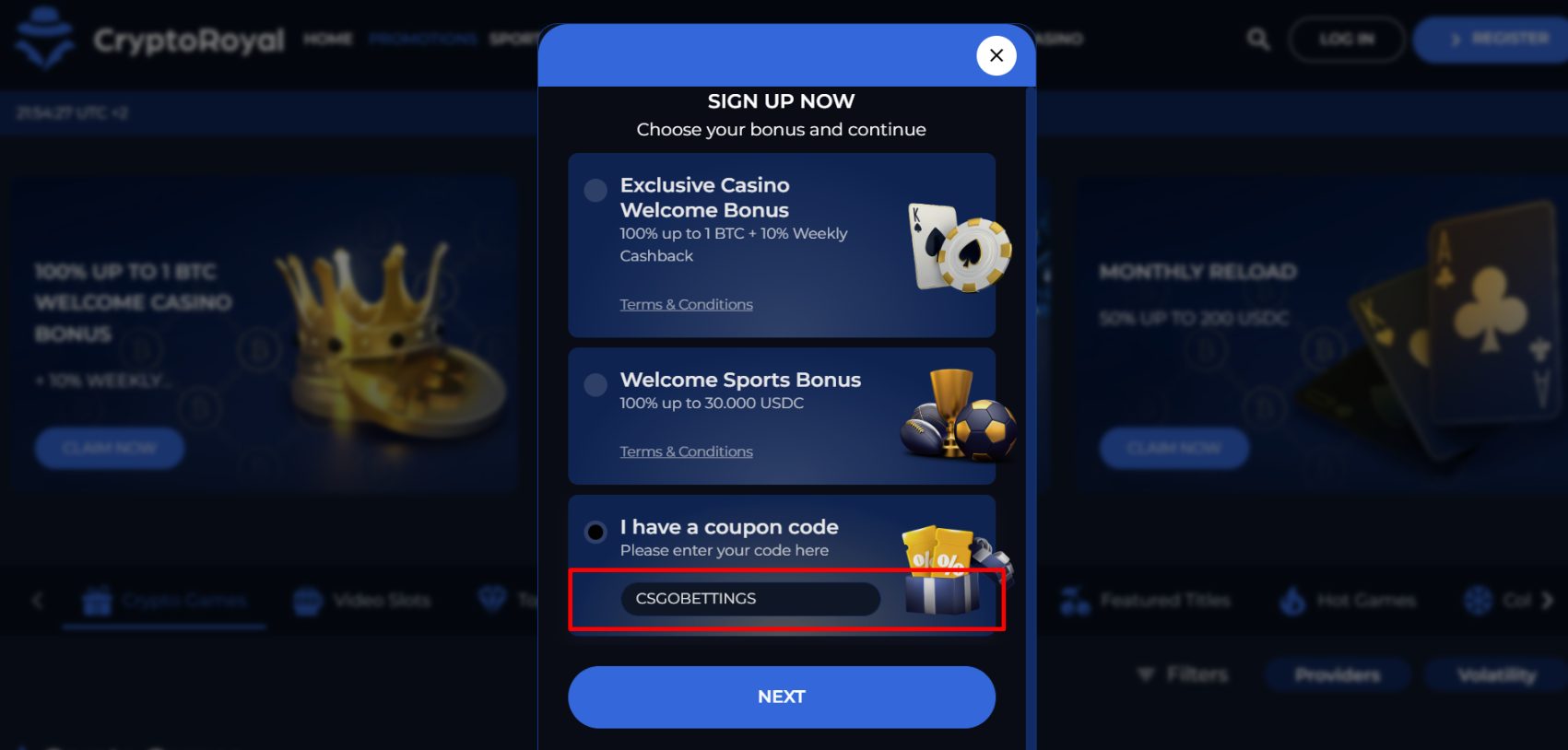 CryptoRoyal promo code